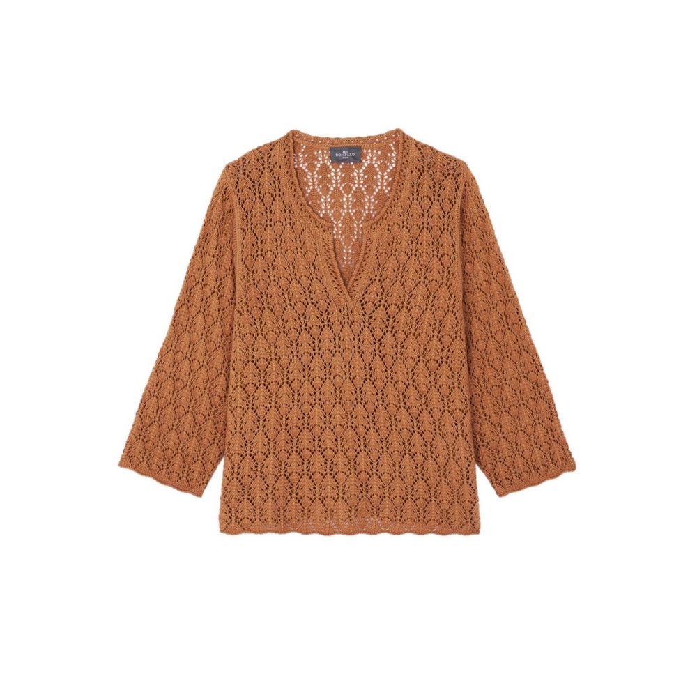 eric bompard paris TUNISIAN POINTELLE SWEATER Crochet Tan Size M Cotton Cashmere